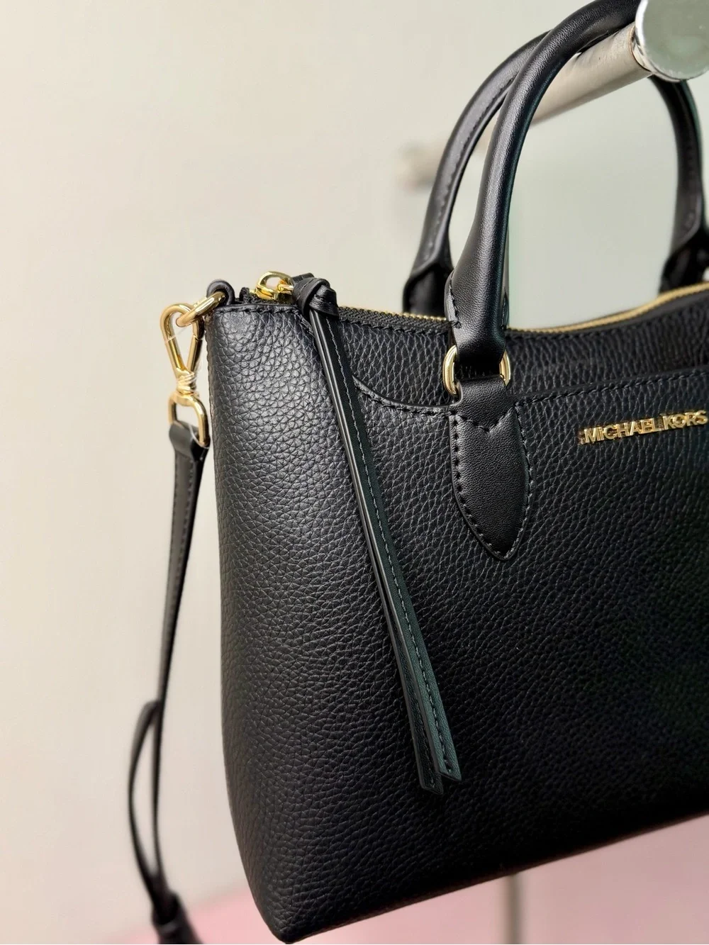 Michael Kors Black Pebbled Leather Dome Satchel with Gold Hardware